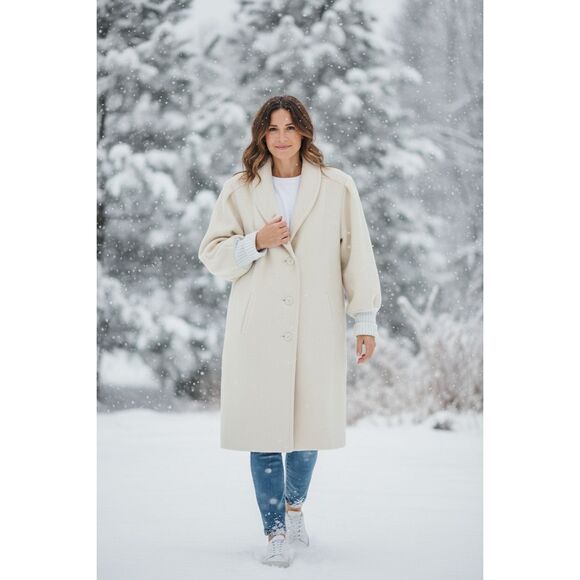 Stephanie Mathews Cream Wool Blend Shawl Collar Coat Vintage XL Made in USA - Picture 1 of 7